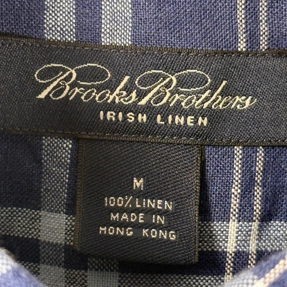 Brooks Brothers Mens‎ M Irish Linen Plaid Short Sleeve Button Down Shirt Navy